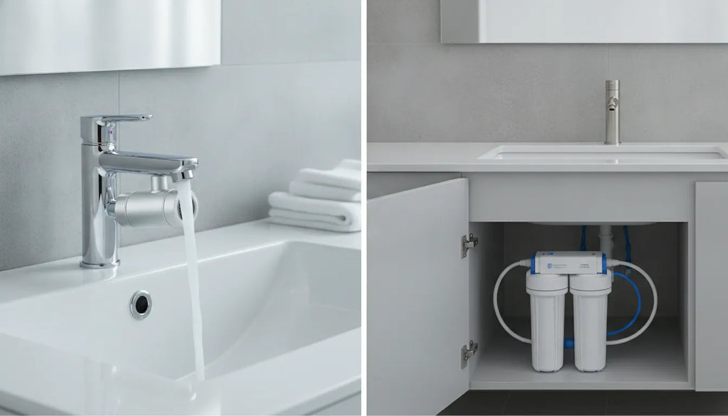 Faucet-mounted and under-sink water filters for a bathroom sink.